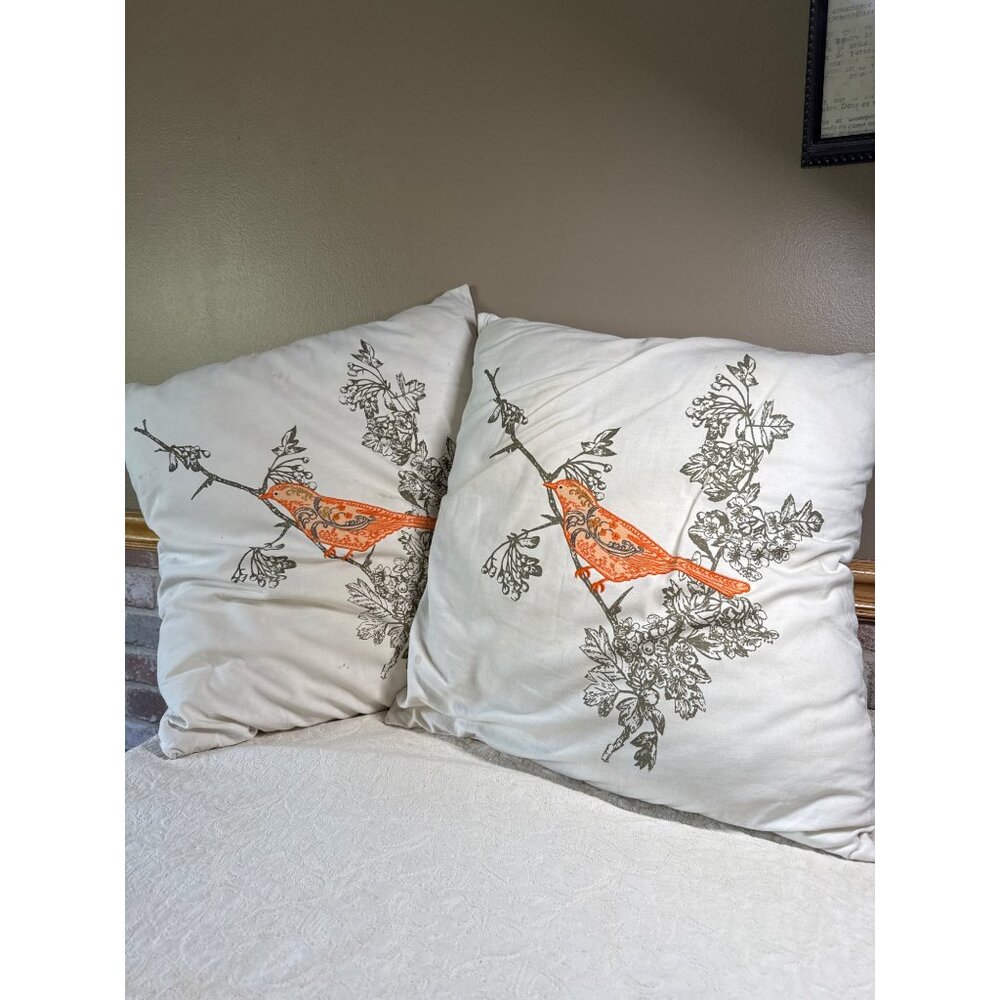 Set Of 2 Vintage Bird Embroidered Throw Pillows Nature-Themed  Orange Gray